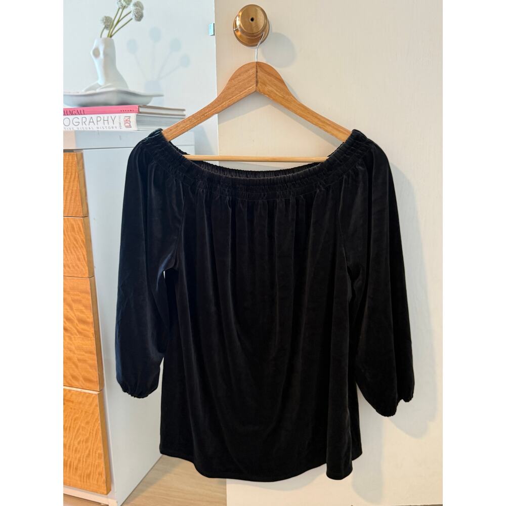 J. Jill Black Velvet Off Shoulder Top ✨ 3/4 Sleeve Stretch Velour Blouse